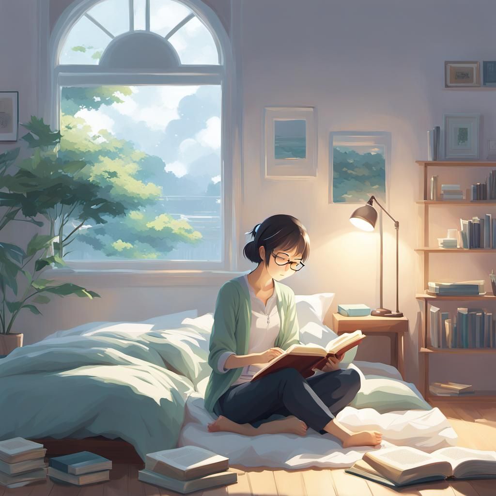 Girl Reading in Bedroom, Anime Style Digital Art