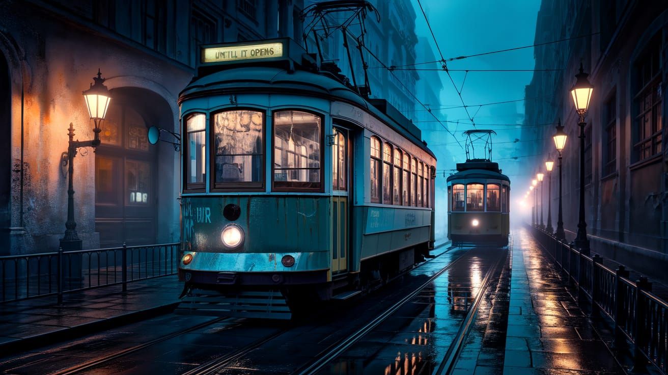 Night Trams on Foggy Street in Cinematic Style