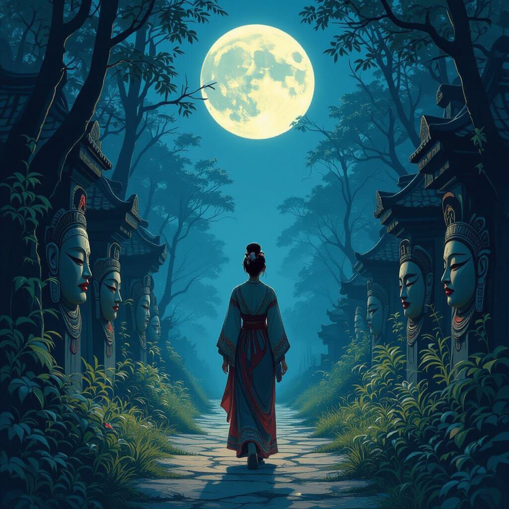 Mystical Woman Walks Masked Path Under Moonlight, Digital Pa...