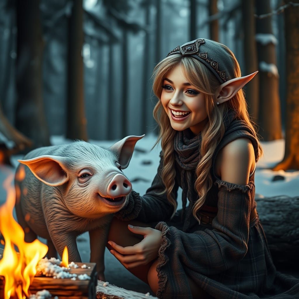 Beautiful Elf and Her Pig Friend Enjoying Winter Wonderland