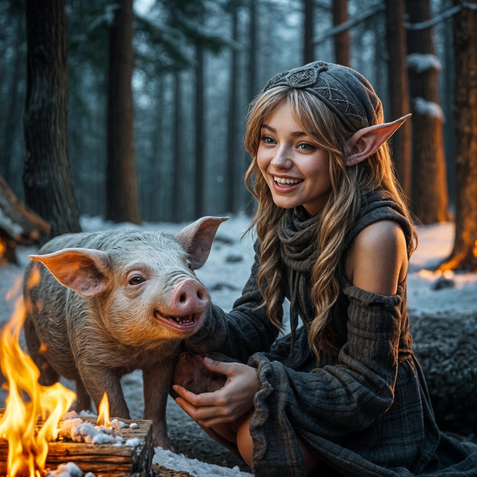 Elf and Pig Laughing by Campfire in Snowy Forest