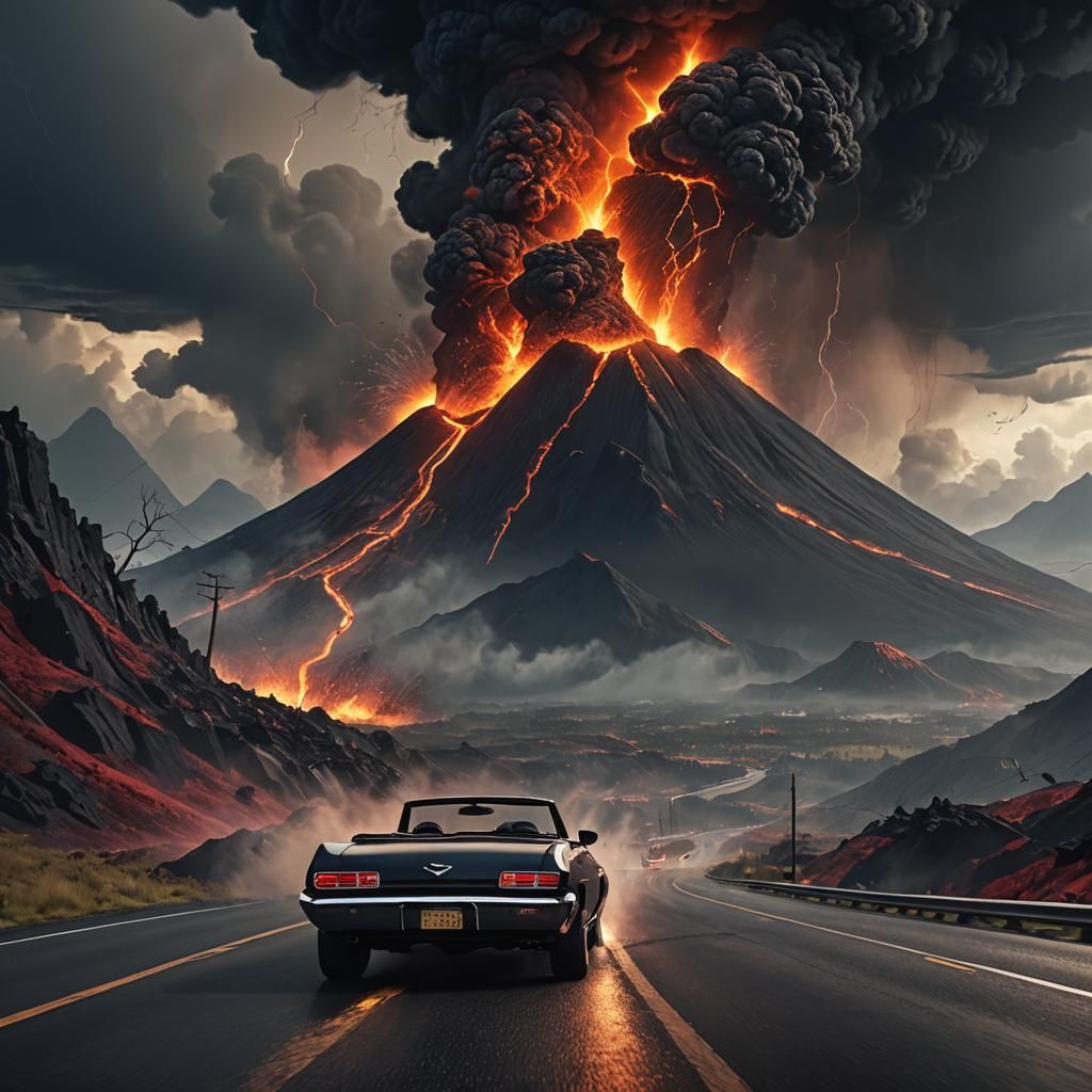 Chevrolet Cabrio Volcano Eruption in Digital Art Style