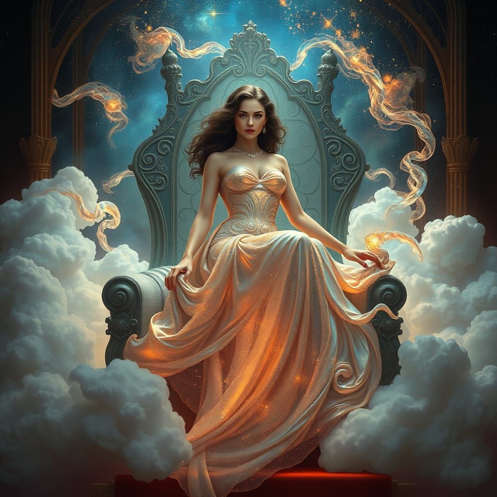 Ethereal Goddess in Starlight Gown Sits on Throne of Clouds