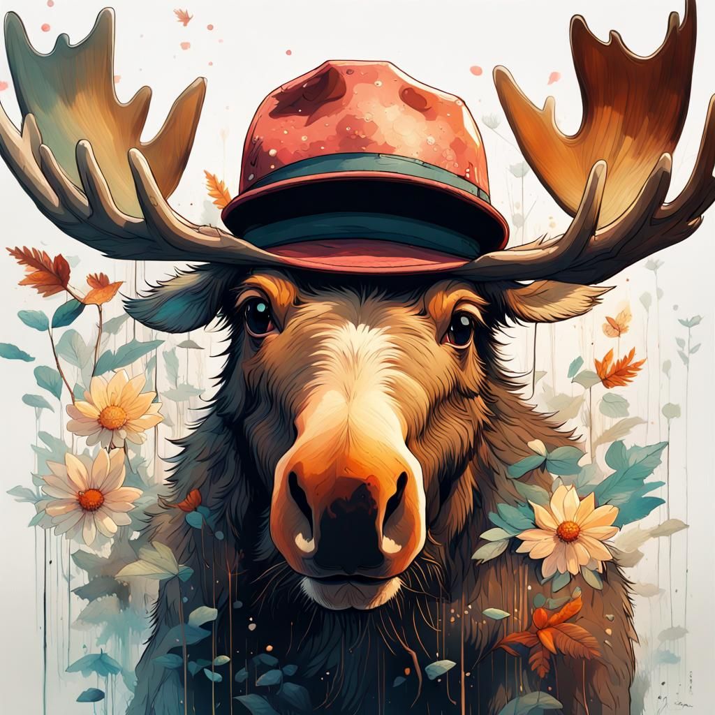Fairytale Moose in Hat: Oil Painting Style