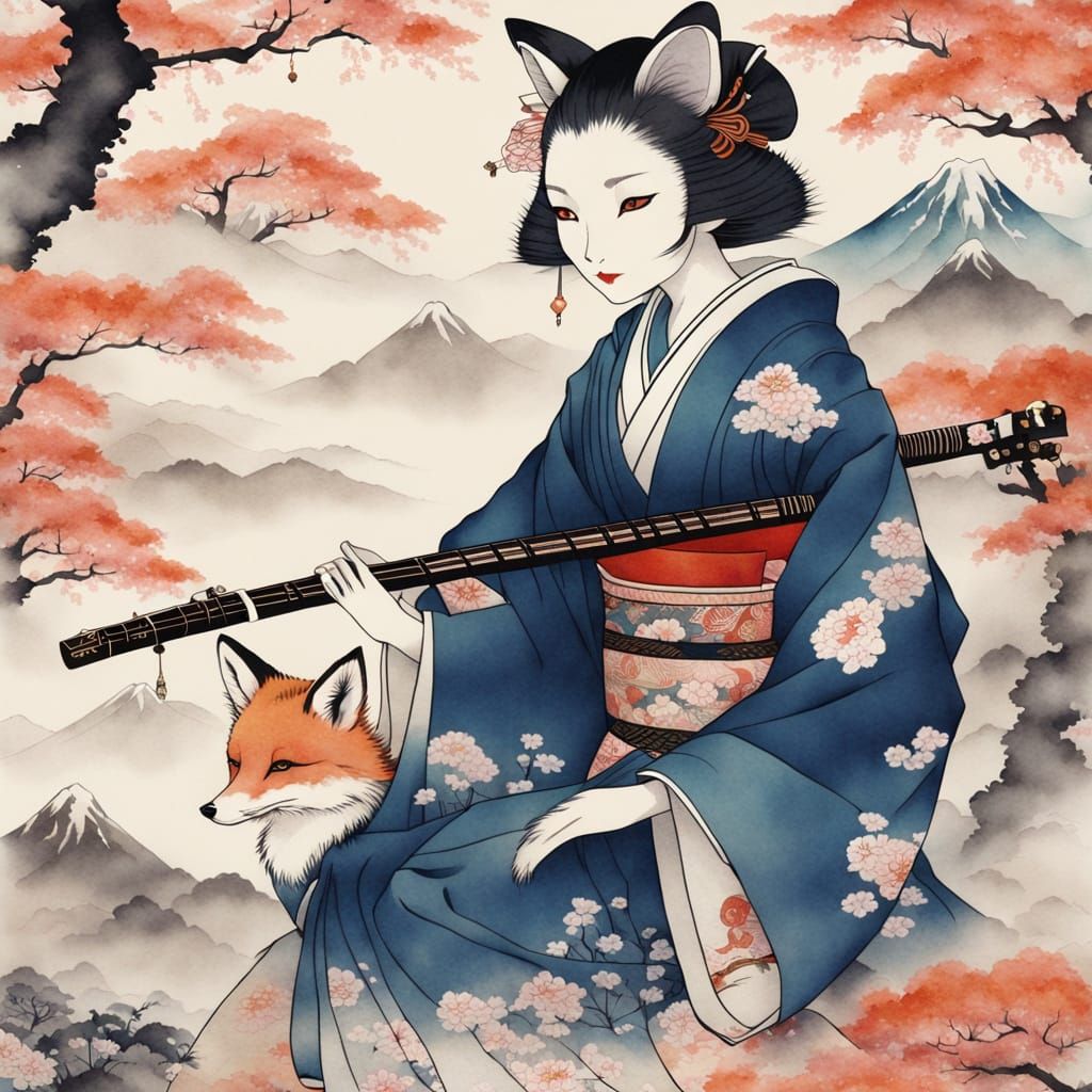 Elegant Fox Geisha Plays Shamisen in Sumi-e Style