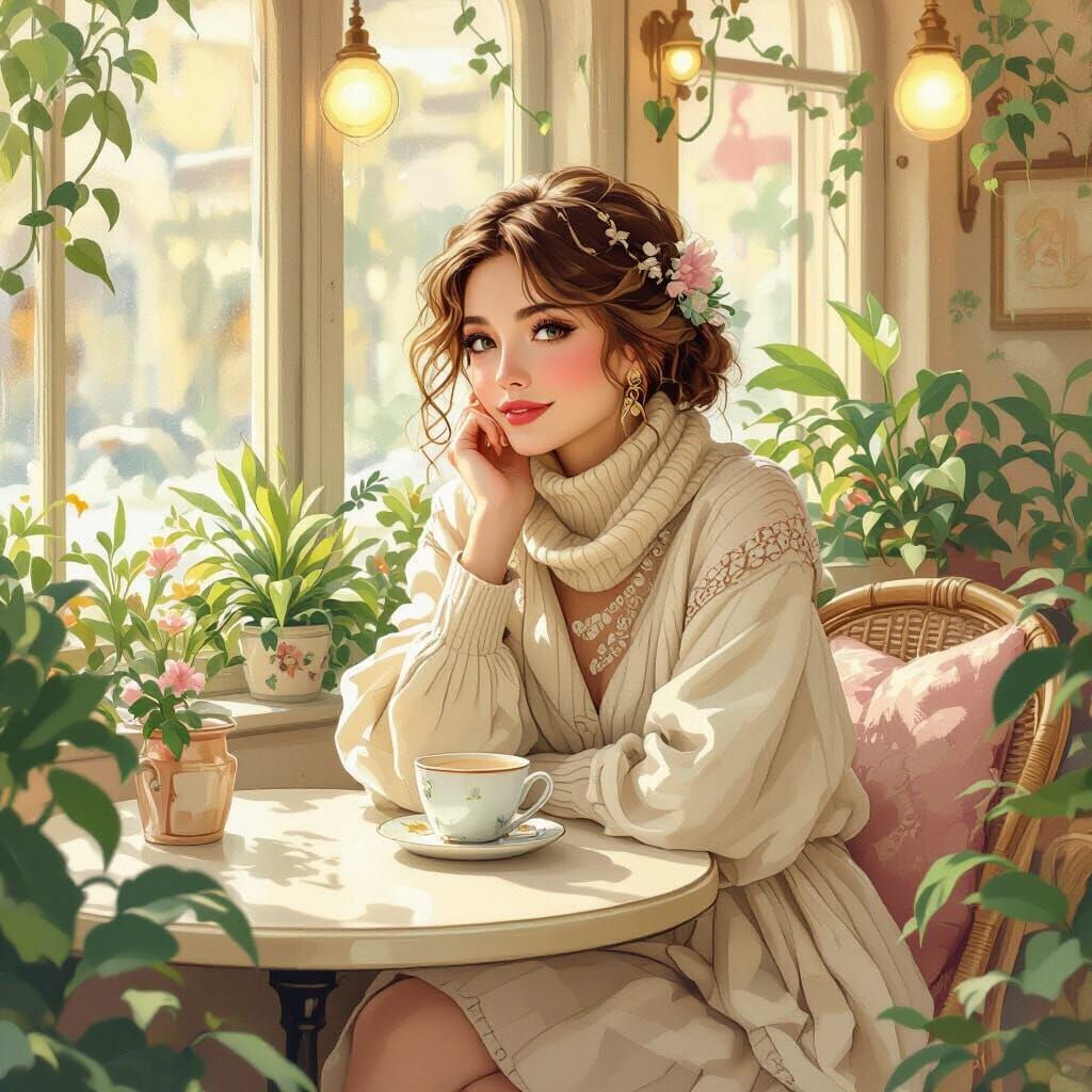 Cozy Cafe Scene in Art Nouveau Style