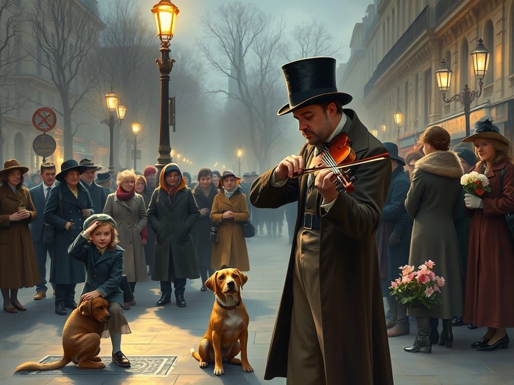 Parisian Street Performer Plays Violin in Impressionistic St...