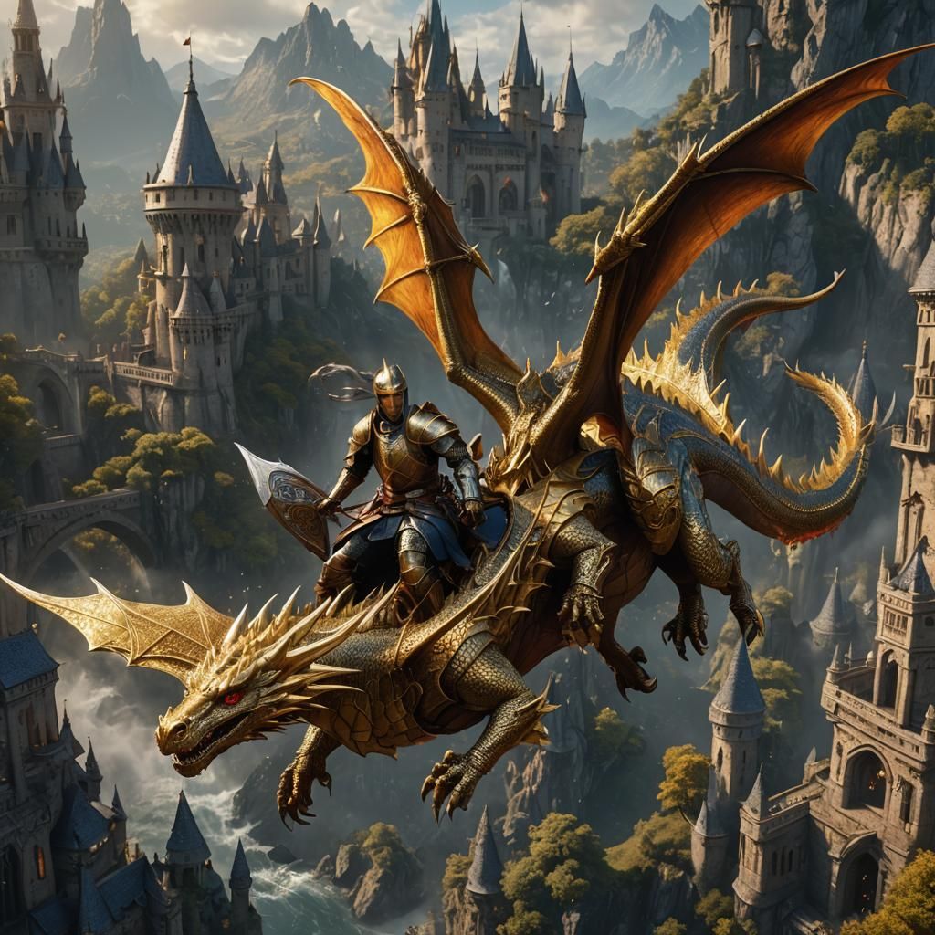 Gold Dragon and Knight with Dragonlance in Flight