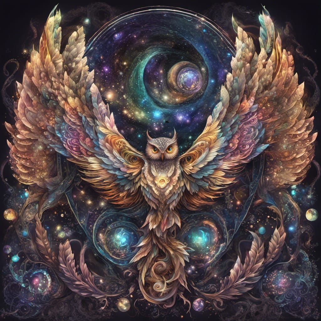 Bioluminescent Serpent Owl in Fractal Wonderland