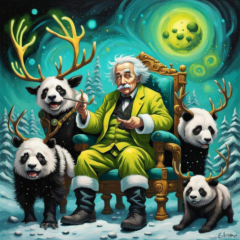 Badass Einstein Santa with Panda Reindeer in Dystopia