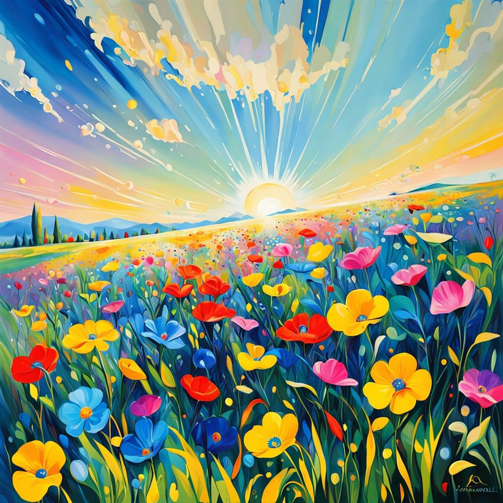 Vibrant Oil Painting of Sun-Drenched Meadow in Surrealism