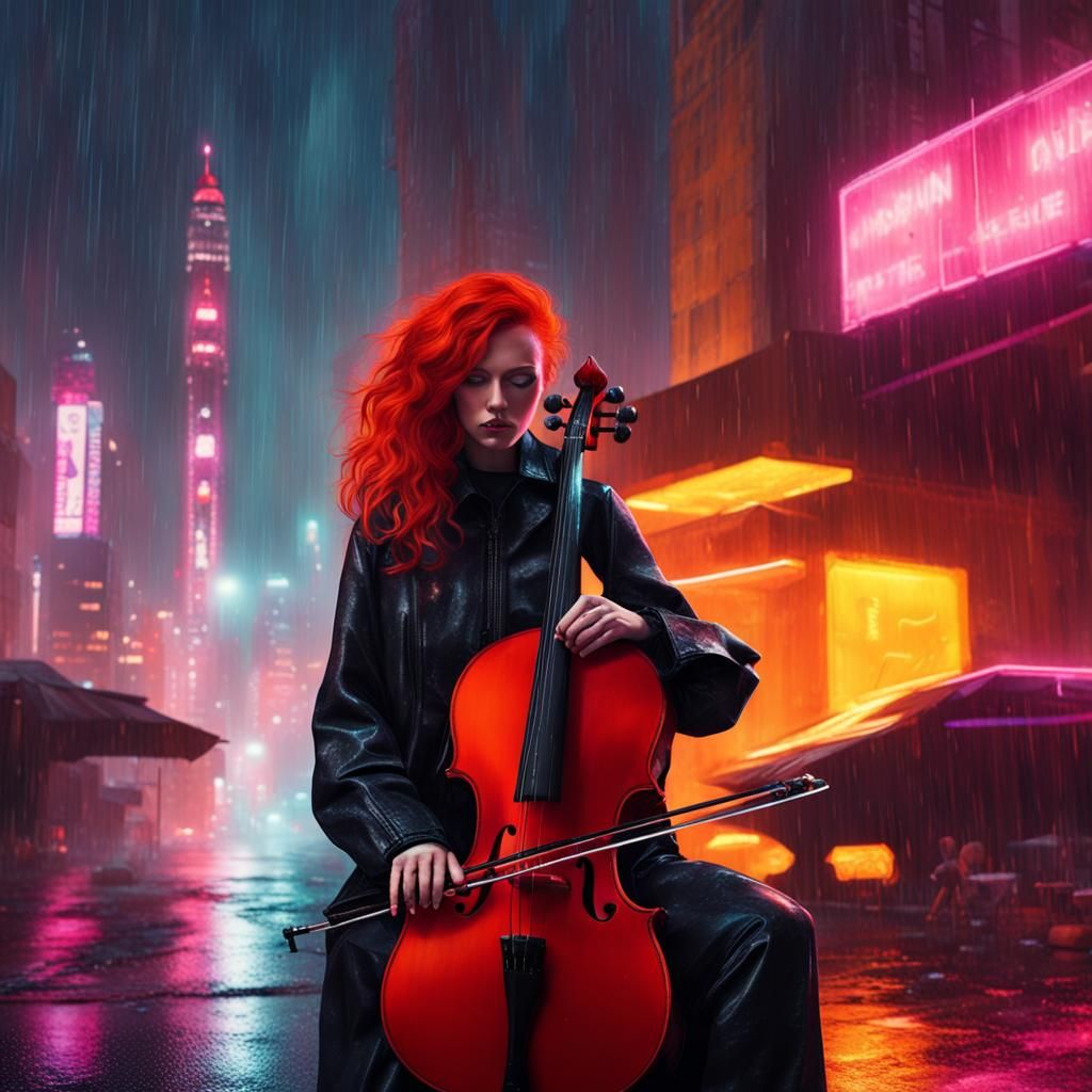A despite red-haired woman playing her Synth-cello from coldwave band in a utopian brutalist City like new york during ...