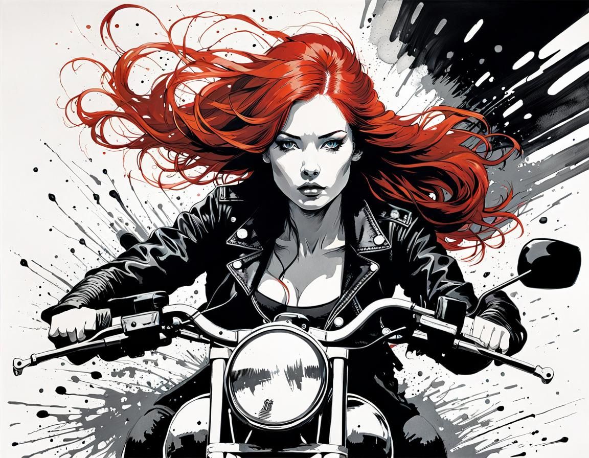 Redhead Biker Girl in Ink Splatter Style