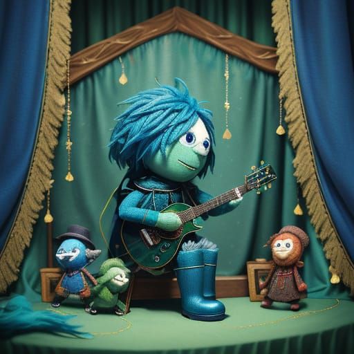 Whimsical Green Puppet in Miniature Theater