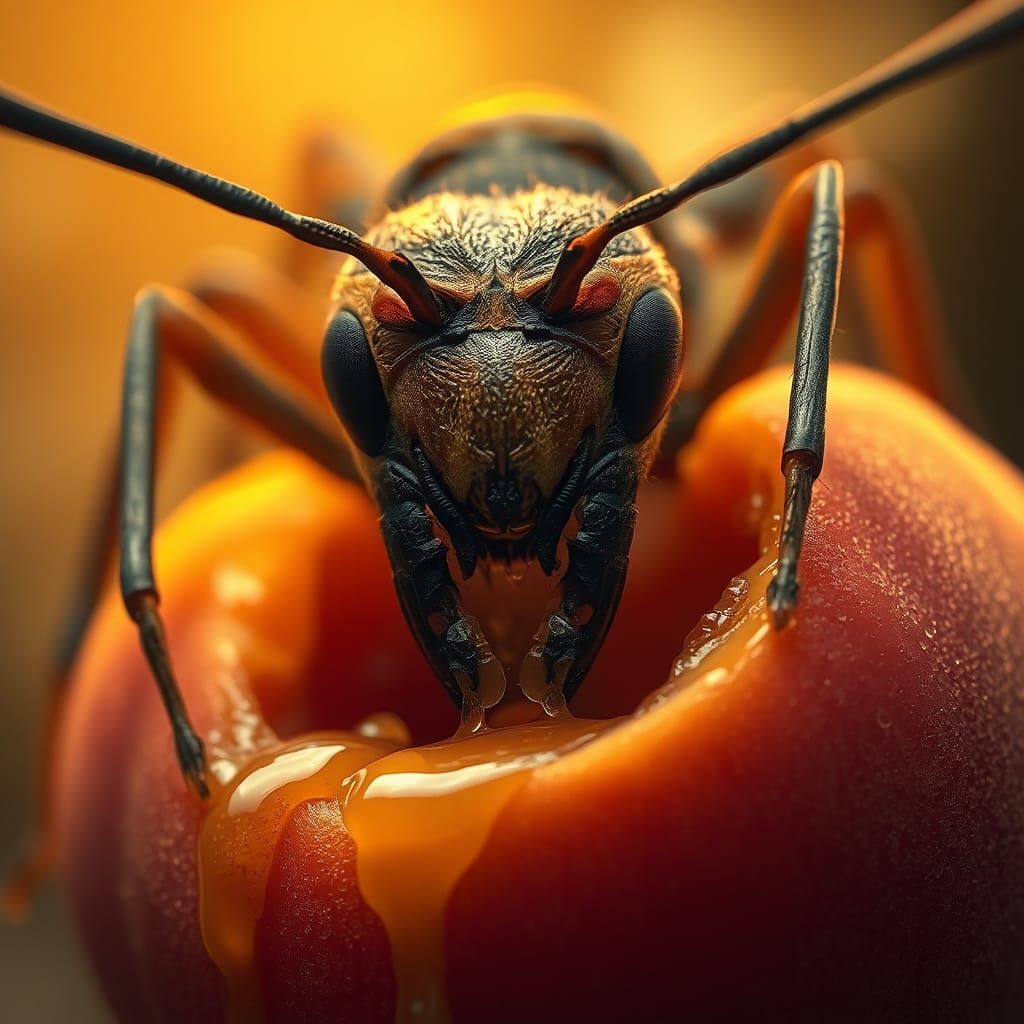 Giant Ant Devouring Peach in Hyperrealistic Detail