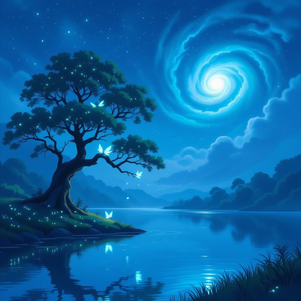 Ancient Tree With Bioluminescent Leaves by Crystal Lake