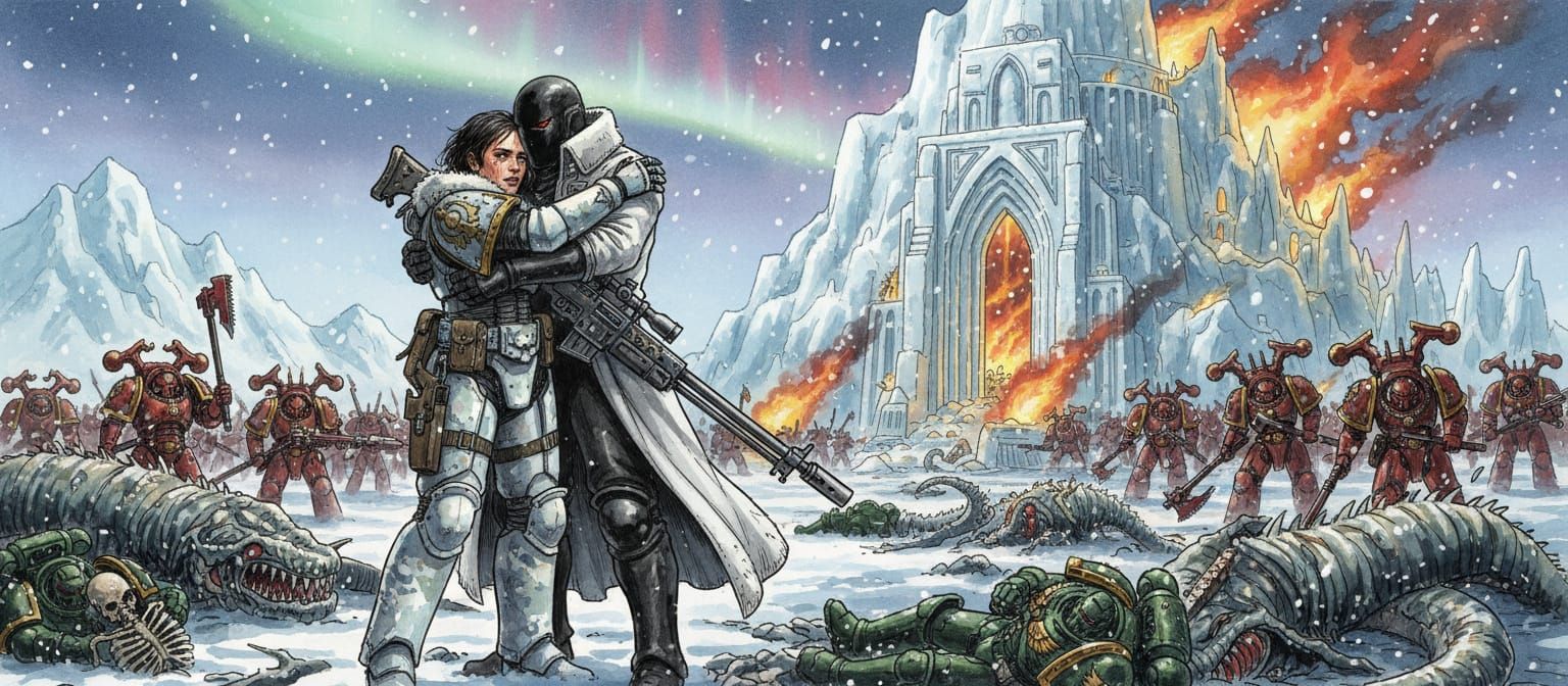 Warhammer 40k Arctic Battle Scene in Watercolor Style