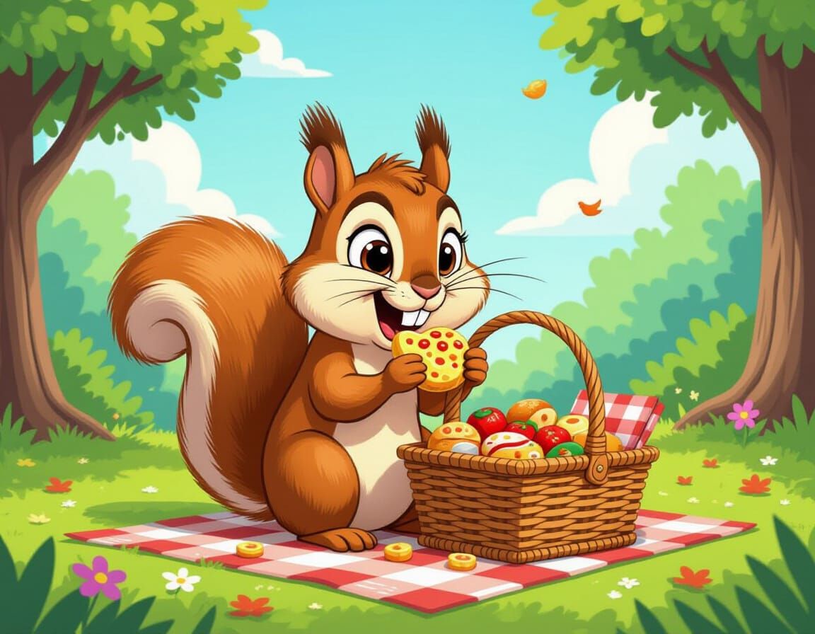 Cartoon Squirrel Stealing Picnic Lunch, Digital Illustration