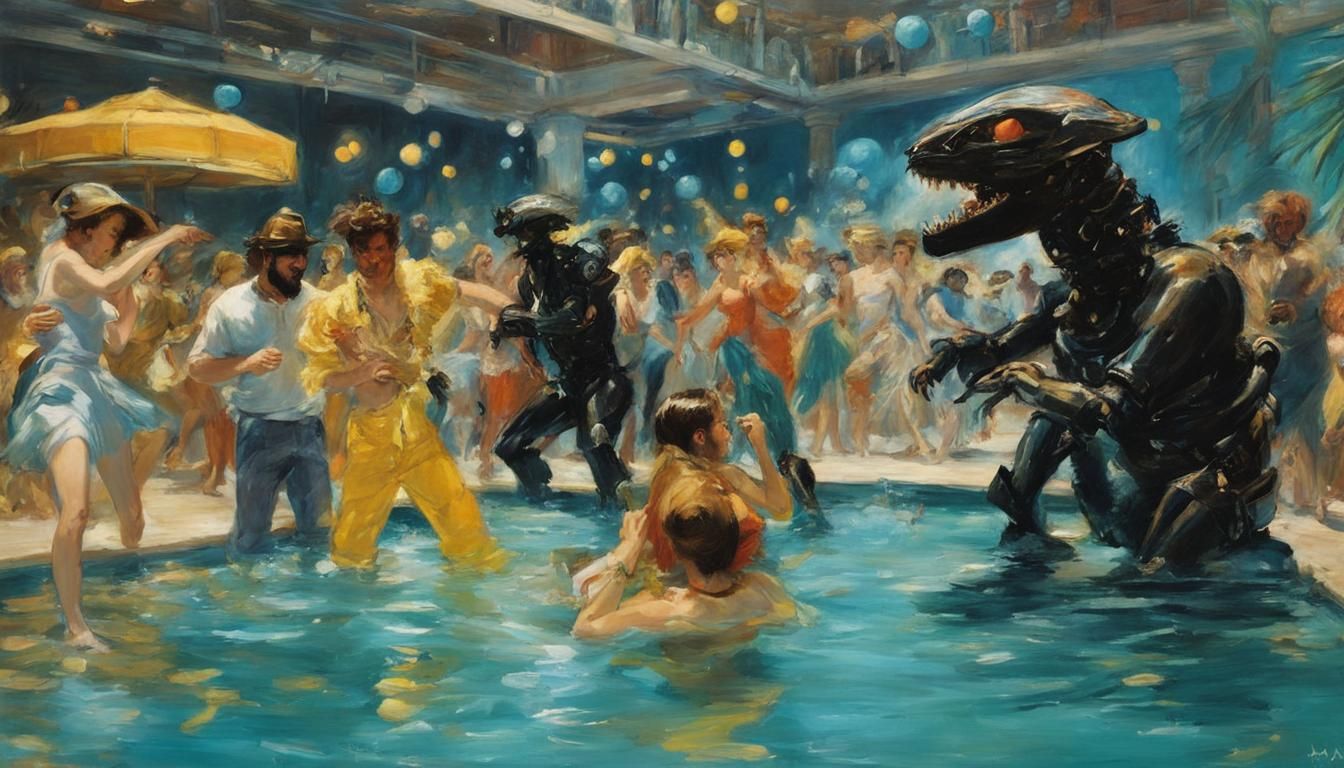 Manet-Inspired Pool Party with Cyborgs and Space Beasts