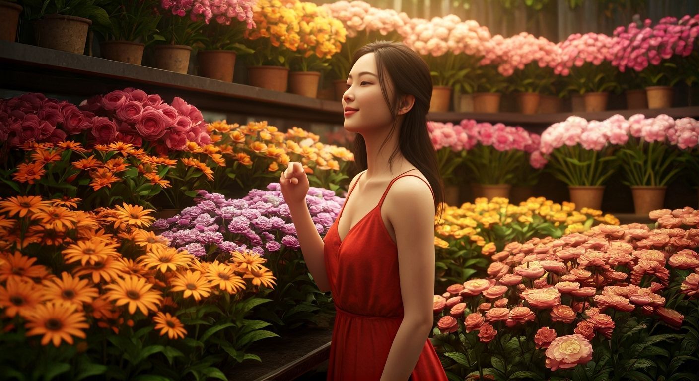 Asian Woman Smelling Flowers, Photorealistic Concept Art
