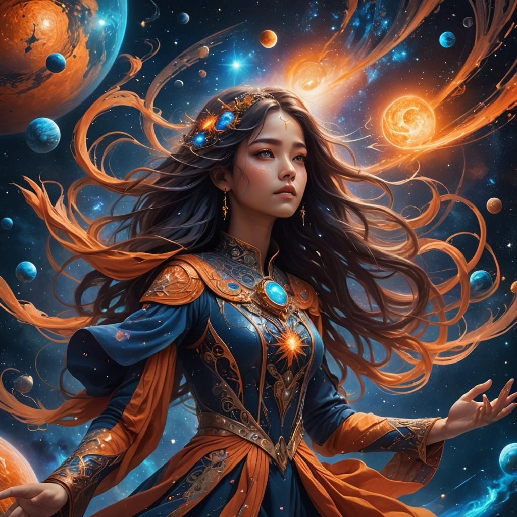 Girl Watches Creation of Universe in Fantasy Art
