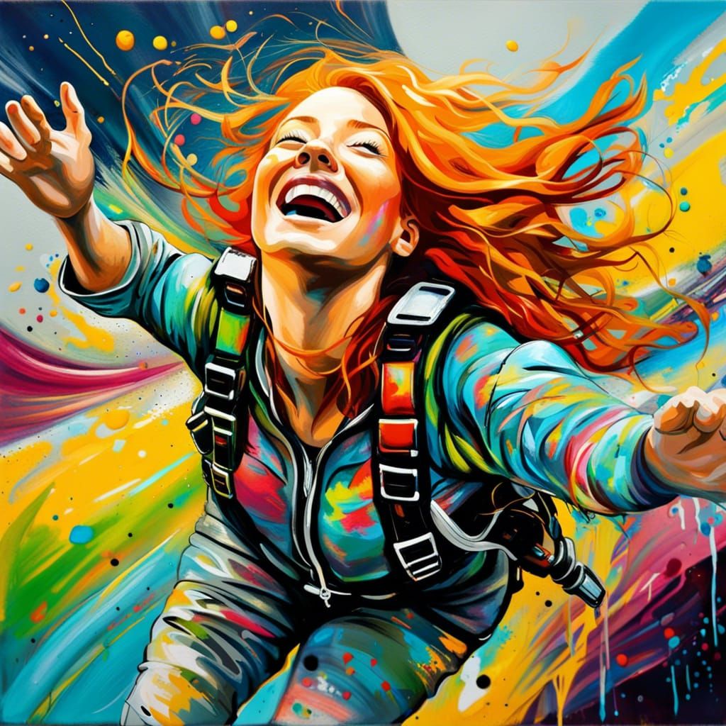 Joyful Ginger-Haired Woman Skydiving in Graffiti Art Style