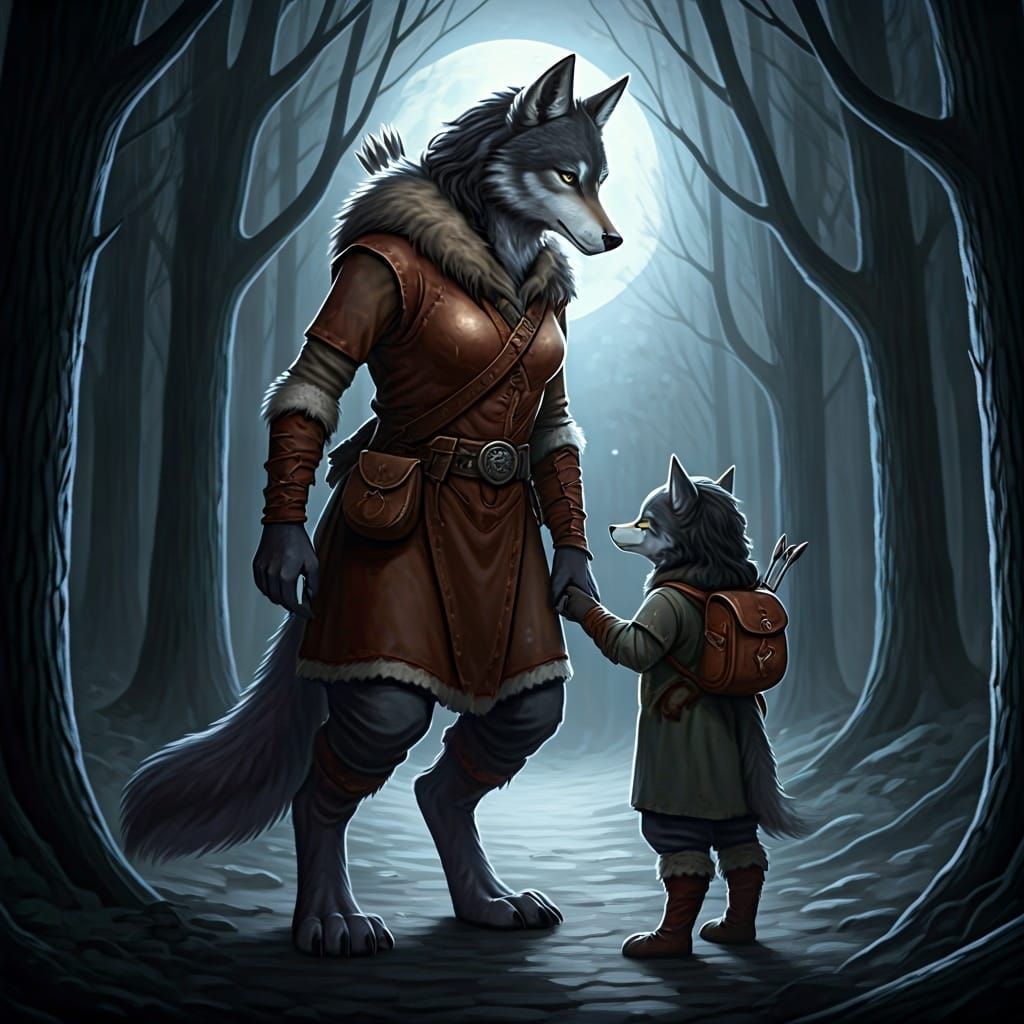 Werewolf Mother Teaches Daughter to Hunt in Forest