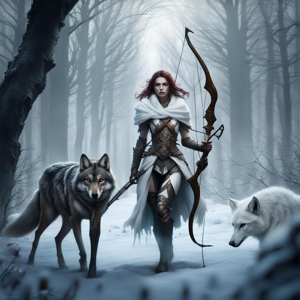 Fae Hunter with Ghost Wolf in Winter Forest