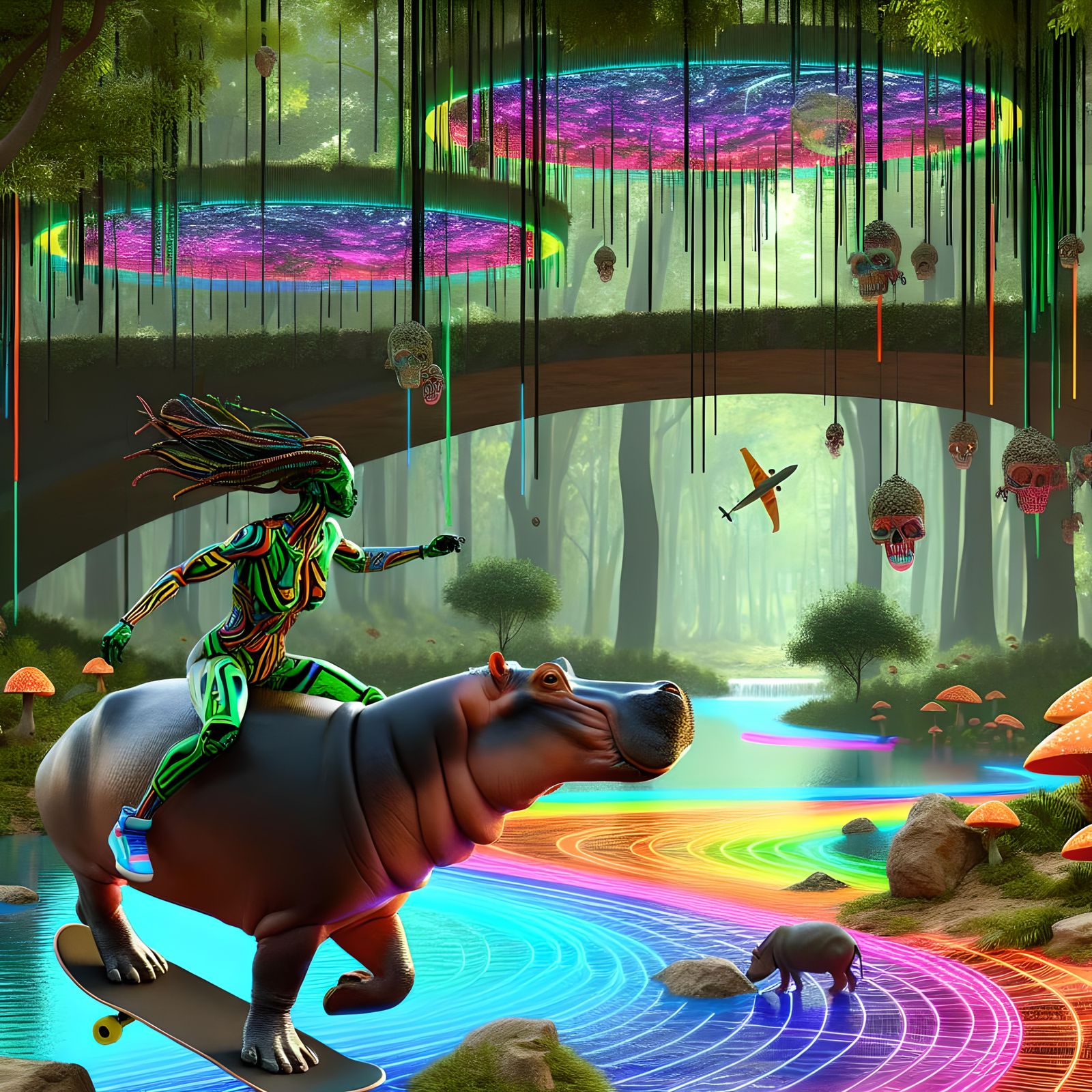 Woman Rides Hippo Through a Neon Glassmorphism Forest
