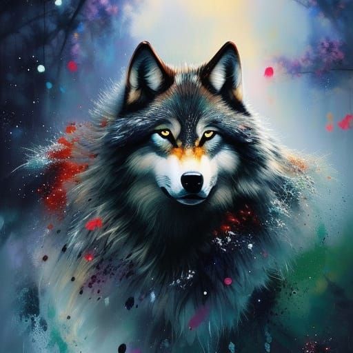 Photorealistic Wolf with Japanese Calligraphy Elements