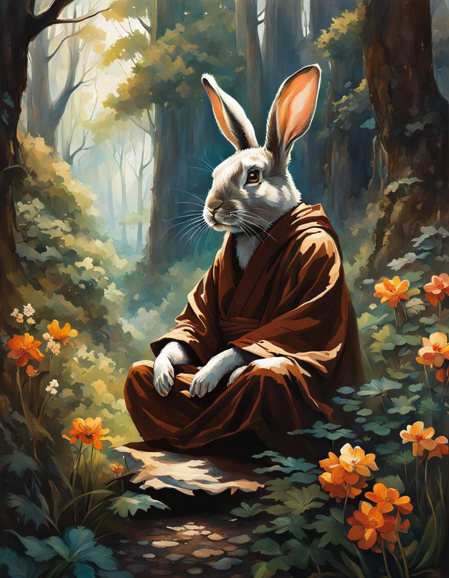 Meditating Rabbit in Magical Forest, Splash Art