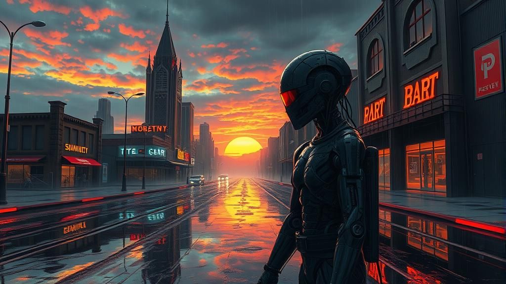 Cybernetic Punk Rocker in Sci-Fi City, Gouache Style