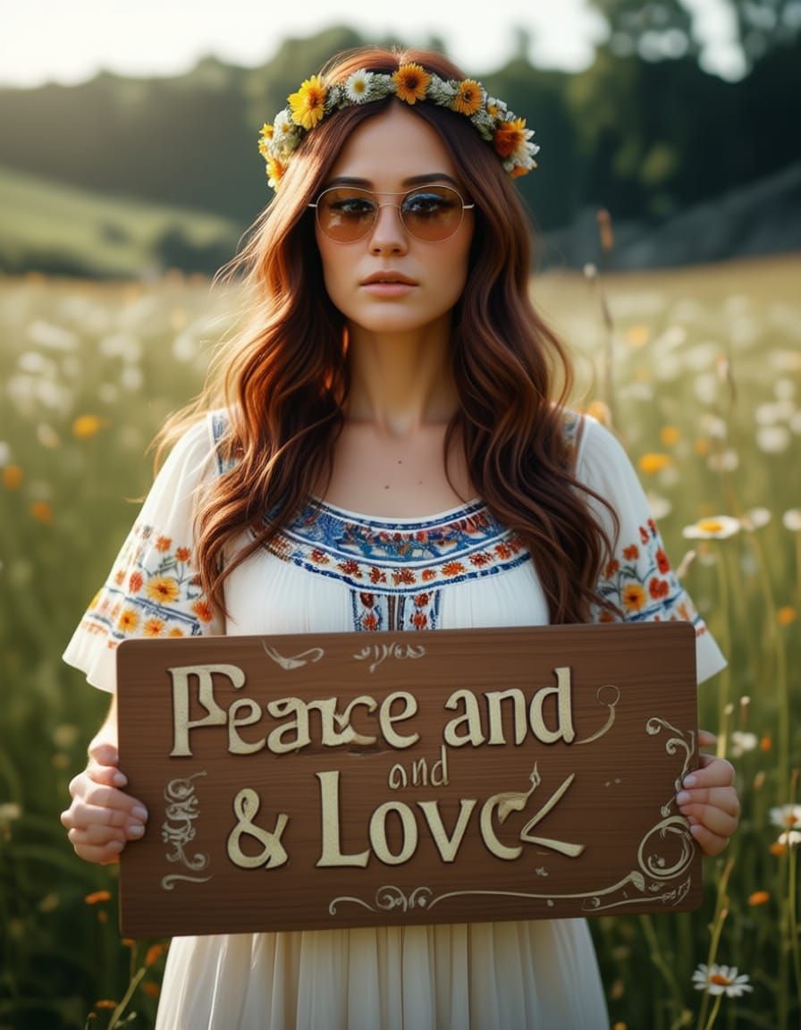 Woman in Meadow with Flower Crown, 1960s Style