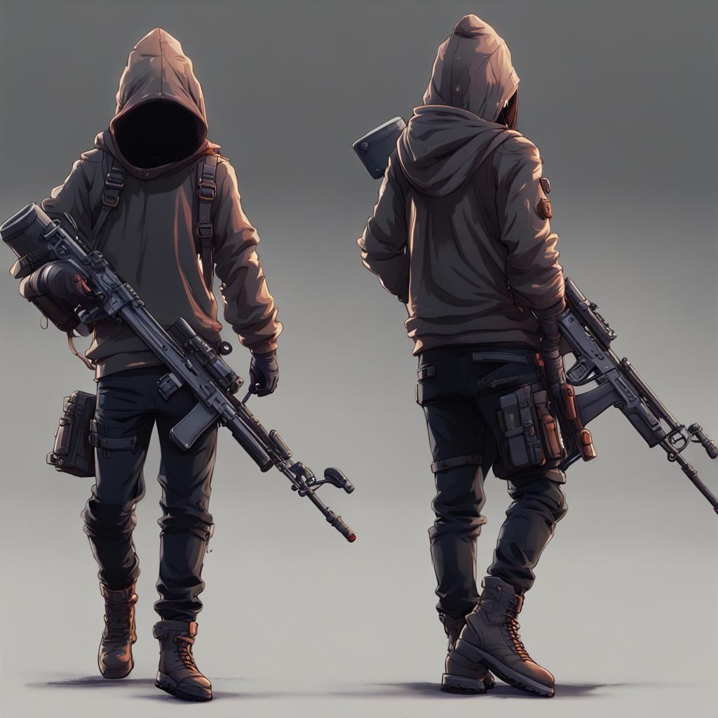 Anime Guy Walking Away with Rifle, Detailed Painting