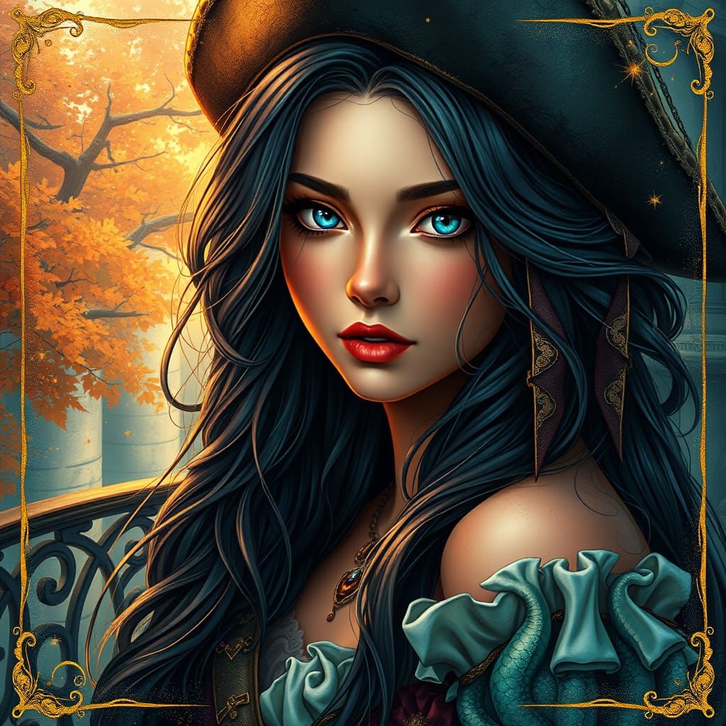Ethereal Pirate Girl on Autumn Balcony in Vibrant Colors