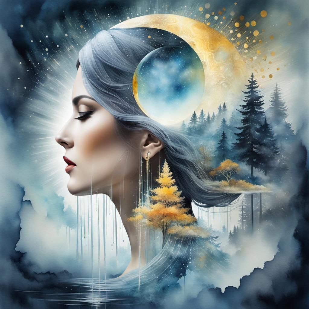 Dreamlike Double Exposure Mindscape in Watercolor