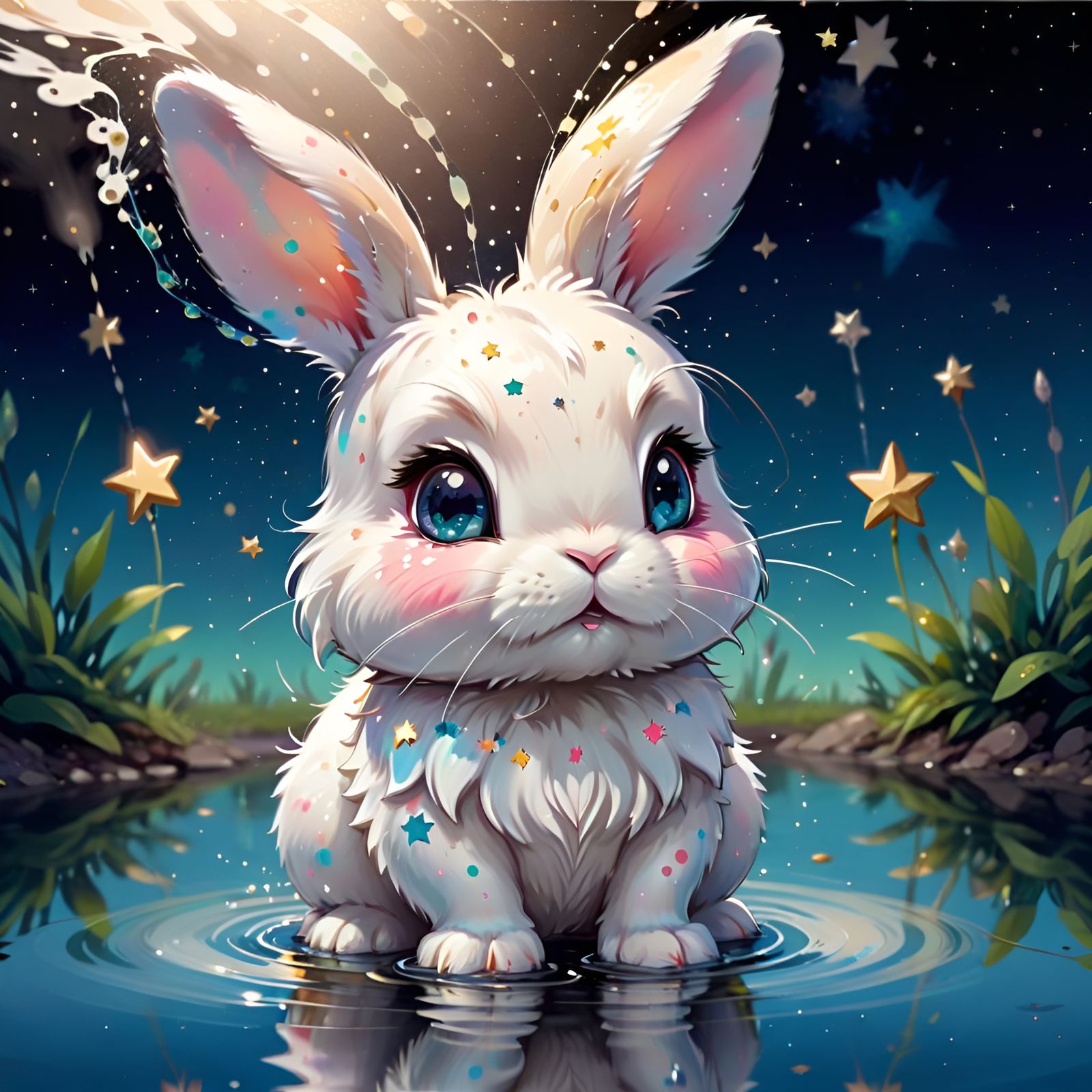 Chibi Bunny Starry Reflection: Hypermaximalist Painting