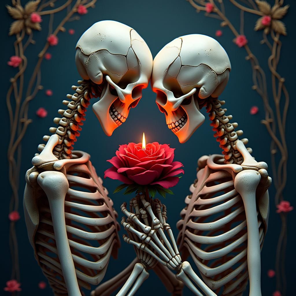 Skeletons Sharing Rose: Gothic Tarot Card in Dark Fantasy St...