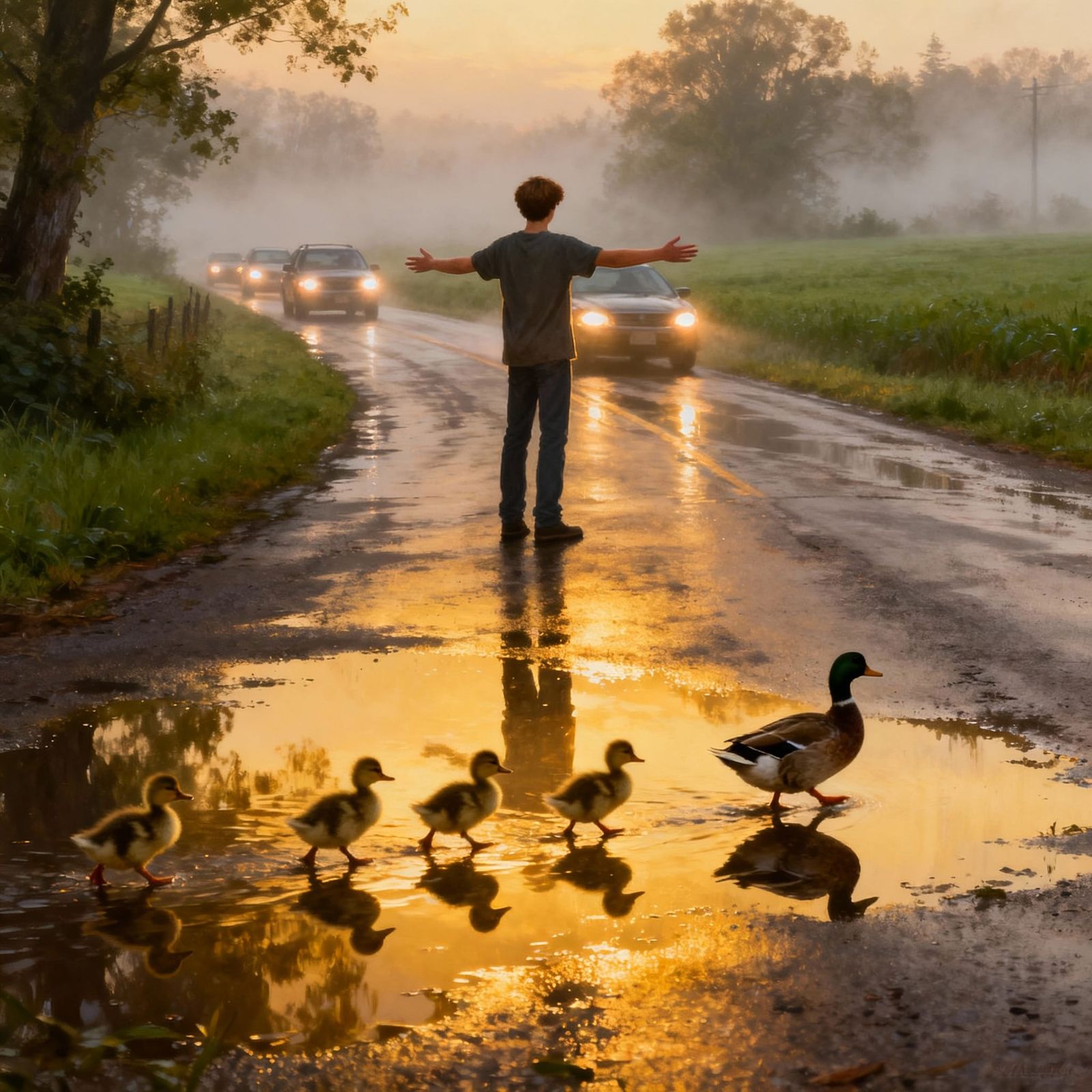 Heroic Man Stops Traffic for Ducklings in Misty Countryside