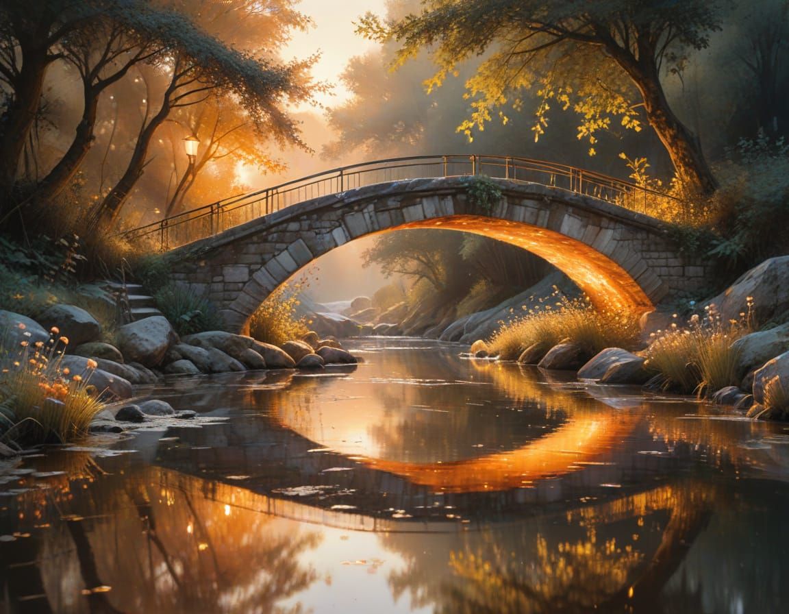 Art Nouveau Bridge in Watercolour Autumn Haze