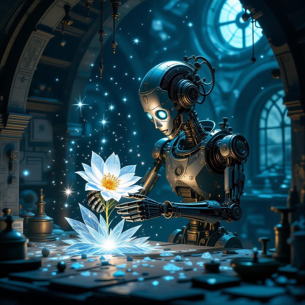 Clockwork Automaton Crafts Flower from Starlight and Moonlig...