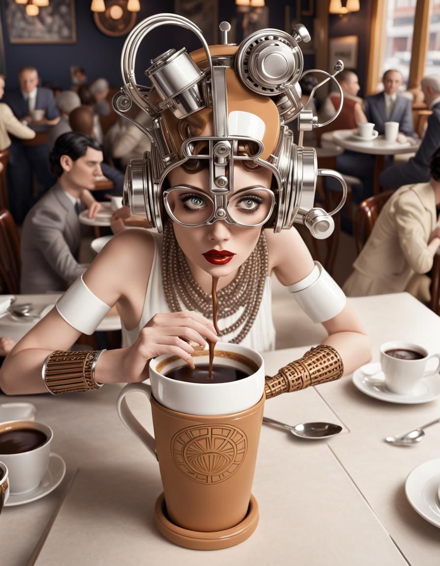 Art Deco Robot Woman Drinking Coffee