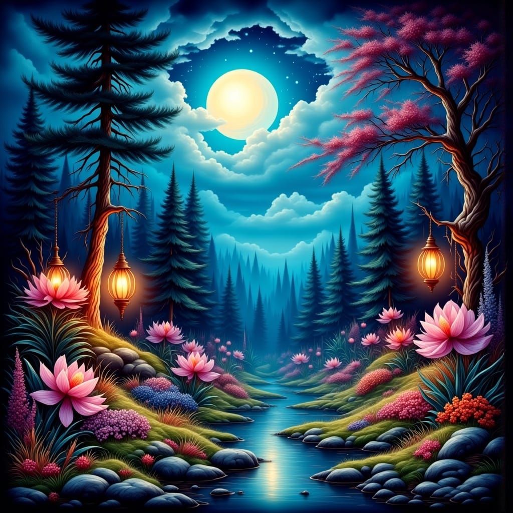 Luminescent Beings in Whimsical Moonlit Forest