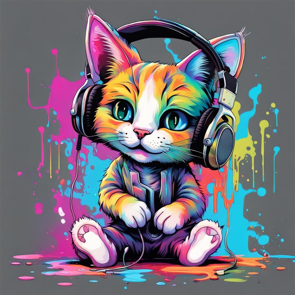 Holographic Cat Listens to Music in Graffiti Style