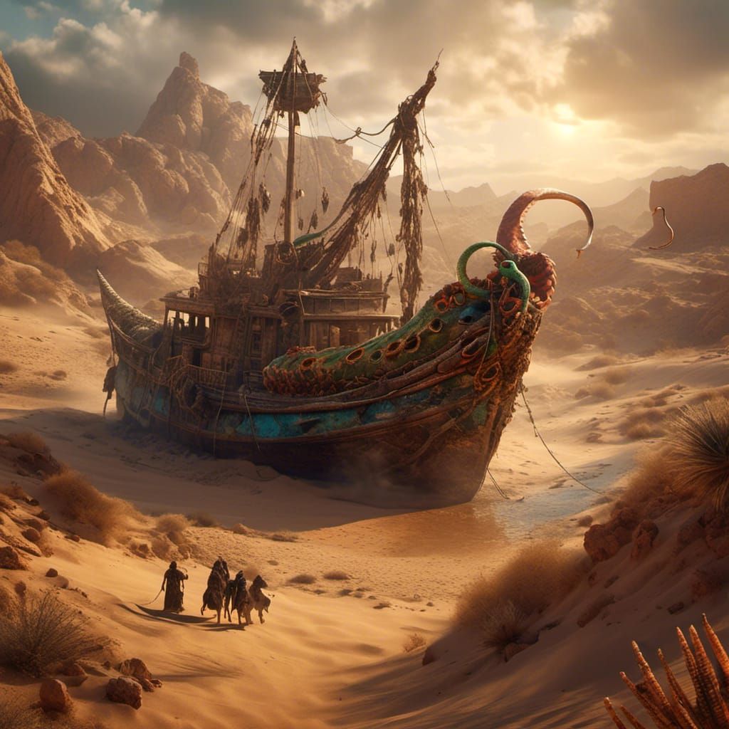 Surreal Desert Boat Pulled by Scorpion