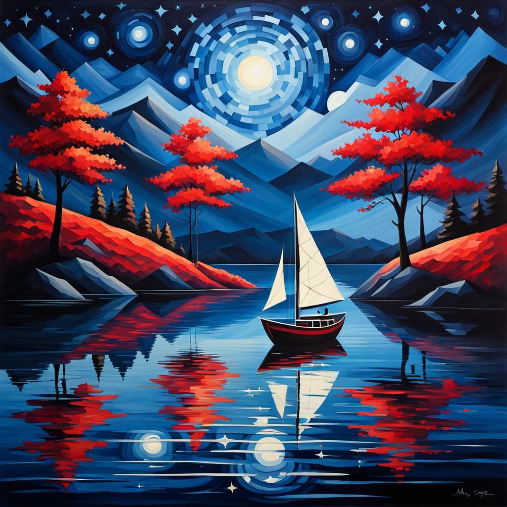 Starry Night Impressionist Landscape with Red Boat