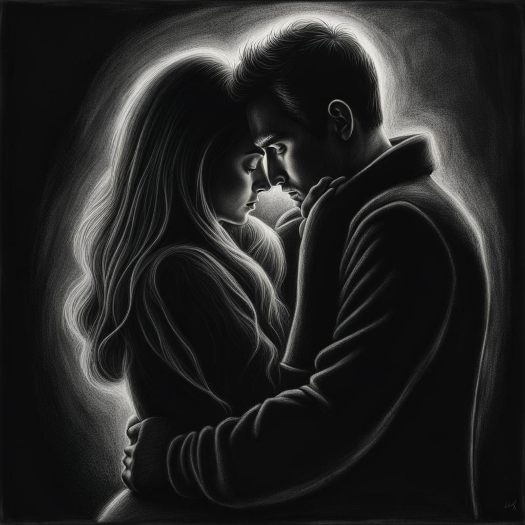 Melancholy Couple's Embrace: Hyperdetailed Charcoal Drawing
