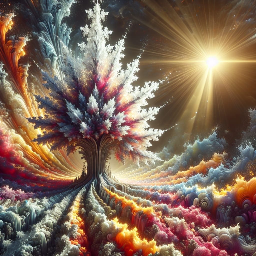 Hyperrealistic Fractal Tree Blossoms at Sunrise