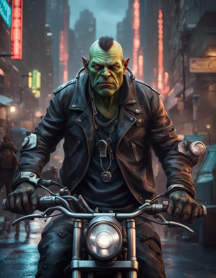 Cyberpunk Biker Orc Portrait in Hyperreal Detail
