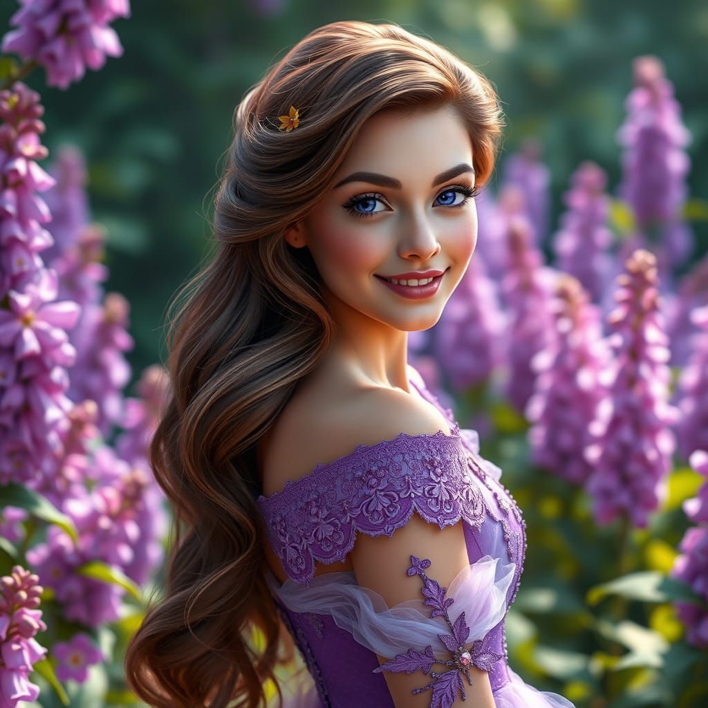 Ethereal Princess Reigns in Vibrant Lilac Garden